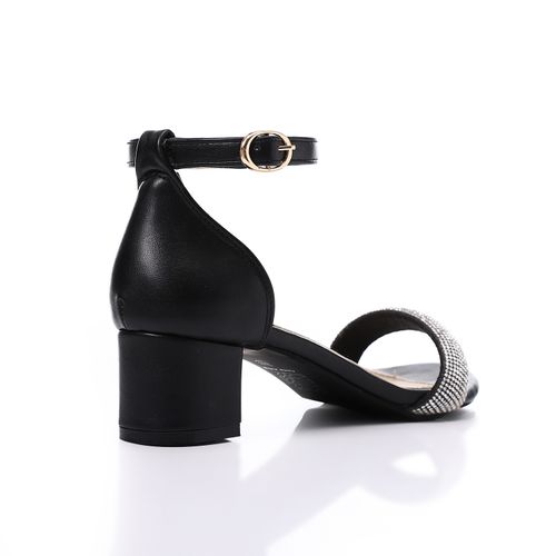 Faux Leather Diamante Ankle Strap Sandals - Black