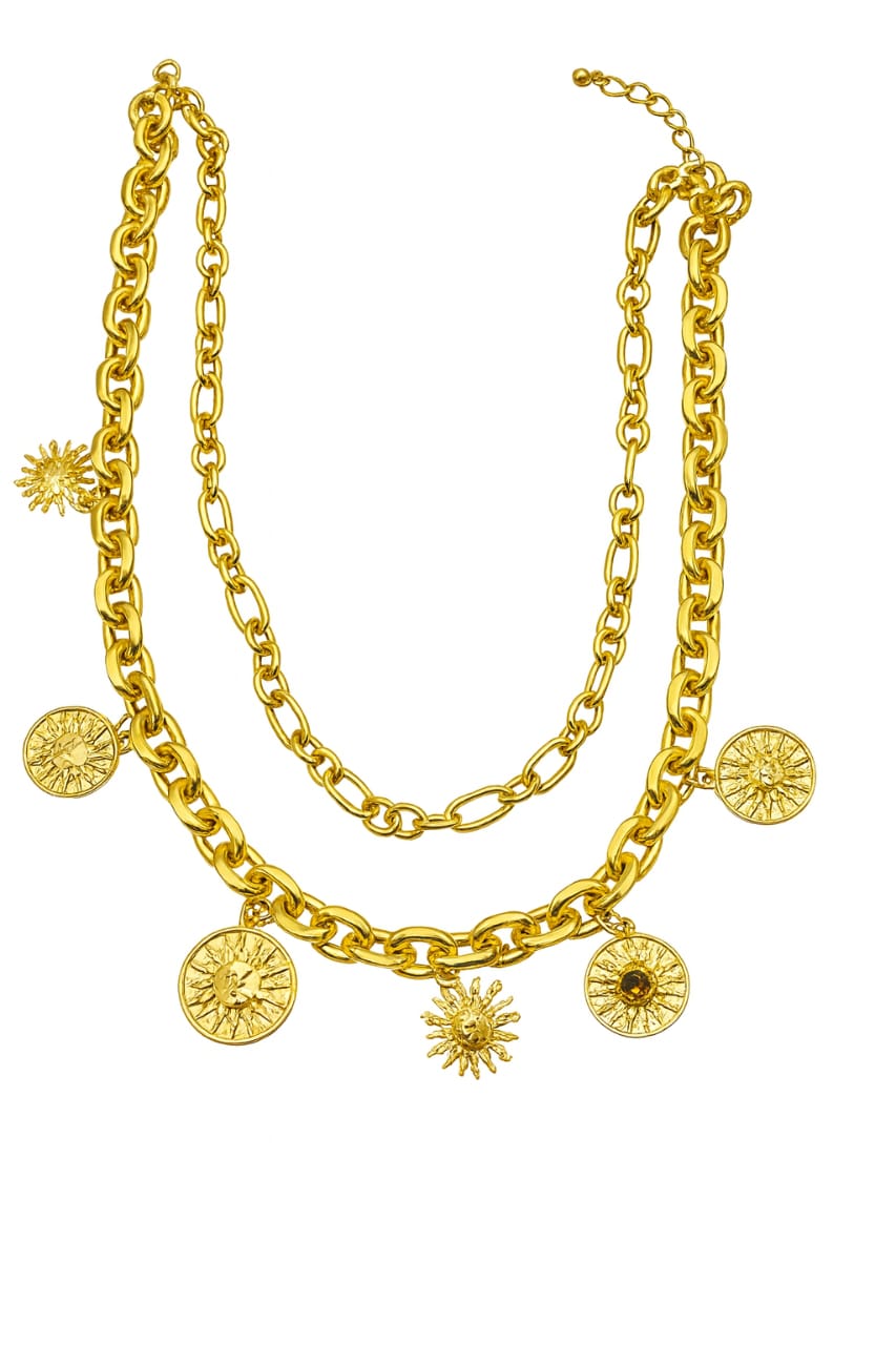 Zinc Alloy Double-Layered Sun Pendant Necklace – Gold