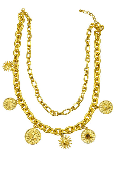 Zinc Alloy Double-Layered Sun Pendant Necklace – Gold