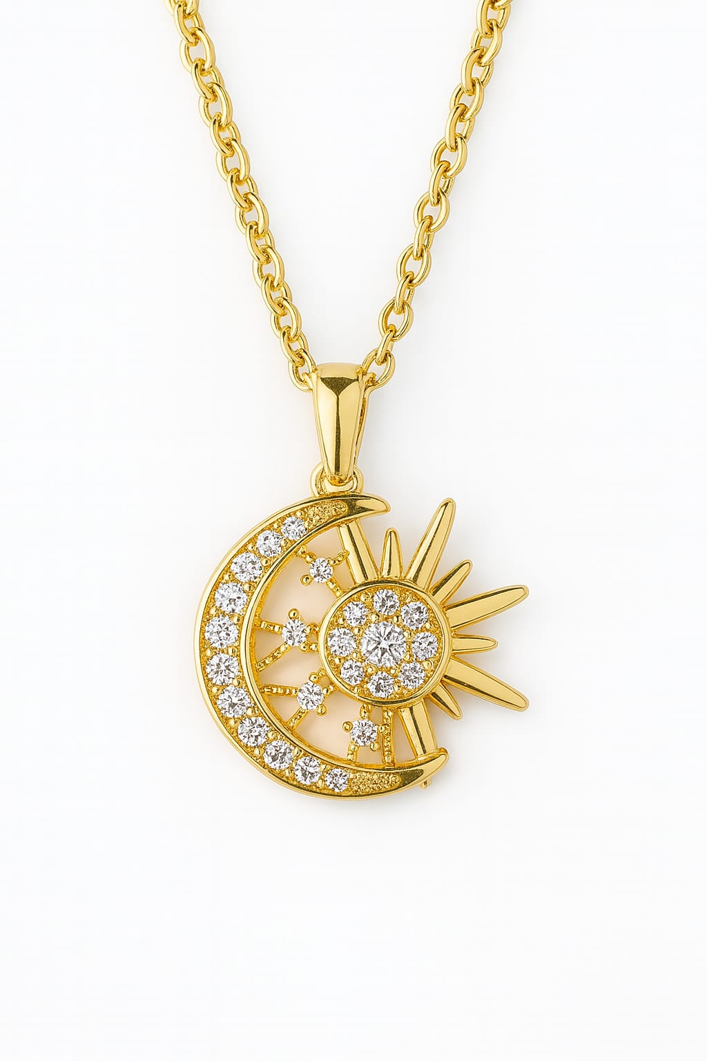 Stainless Steel Sun and Moon Pendant Necklace – Gold