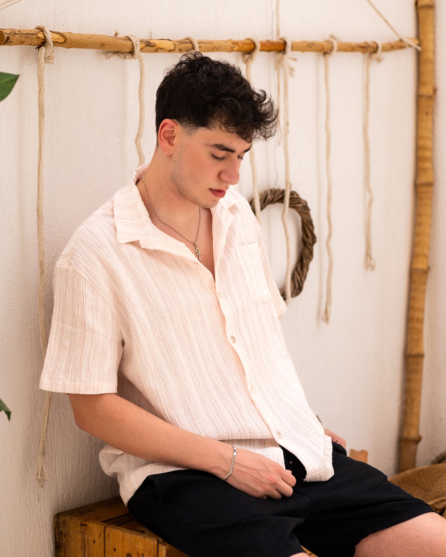 Linen Textured Short Sleeve Shirt - Orange