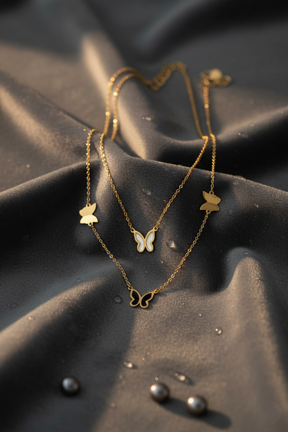 Stainless Steel Double-Layer Butterfly Charm Necklace – Gold