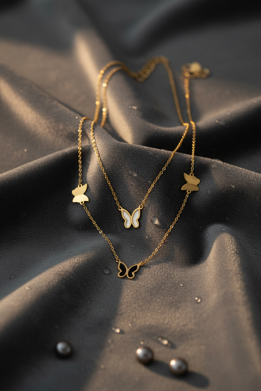 Stainless Steel Double-Layer Butterfly Charm Necklace – Gold