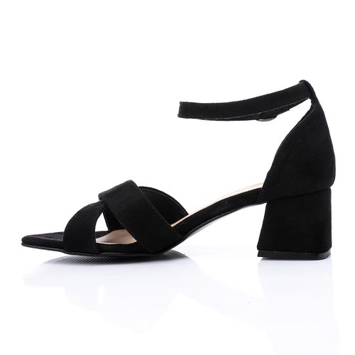 Black Suede Square-Toe Ankle Strap Block Heel Sandal