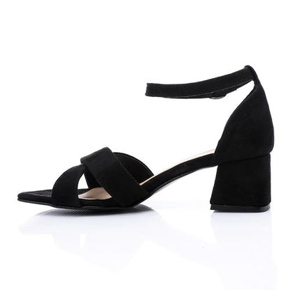 Black Suede Square-Toe Ankle Strap Block Heel Sandal