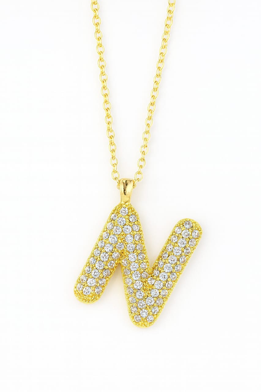 Stainless Steel Crystal Letter N Pendant Necklace – Gold