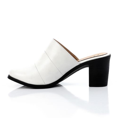 Faux Leather Block Heel Mules - White
