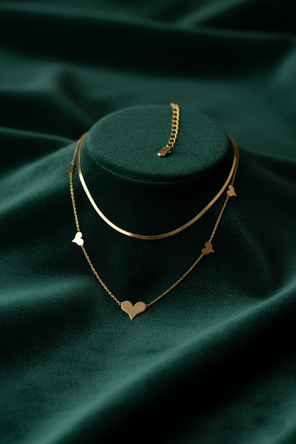 Stainless Steel Double-Layer Heart Charm Necklace – Gold