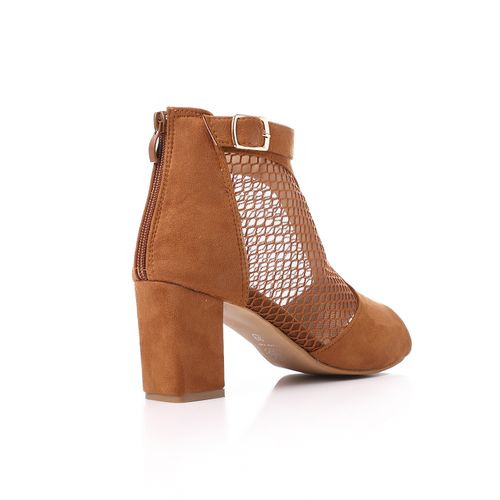 Suede and Mesh Peep-Toe Bootie Sandals - Camel