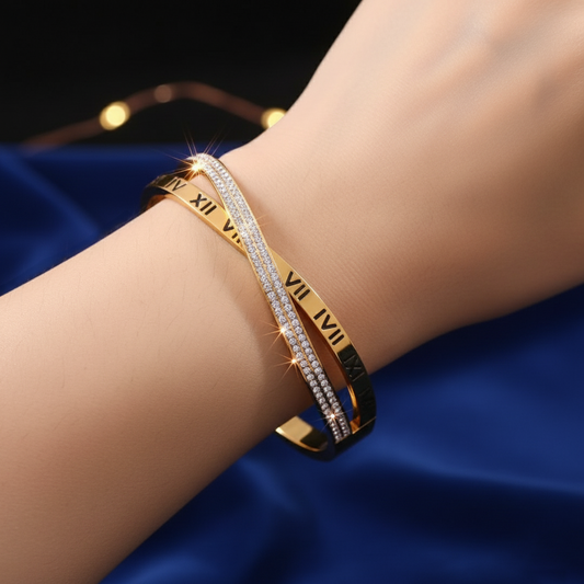 Stainless Steel Roman Numeral Crystal Bracelet – Gold