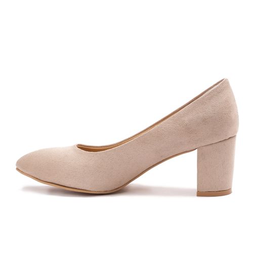 Suede Block Heel Pumps - Beige