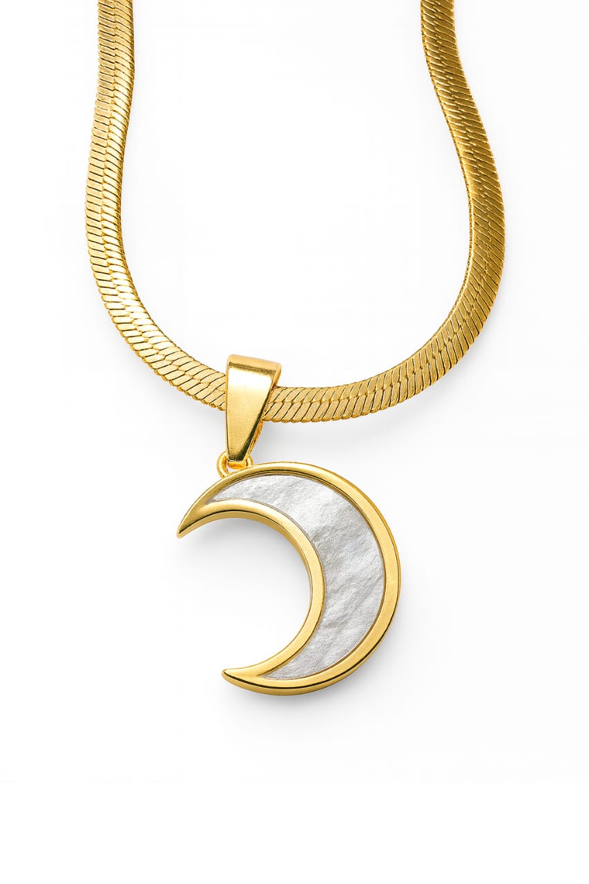 Stainless Steel Crescent Pendant Necklace with Shell Inlay – Gold