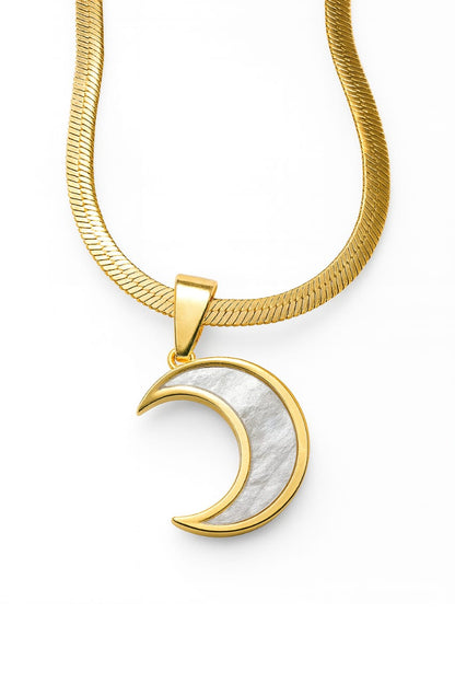 Stainless Steel Crescent Pendant Necklace with Shell Inlay – Gold