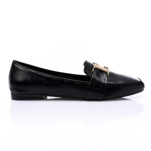Faux Leather Croc Pattern Loafers – Black
