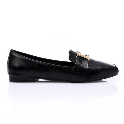 Faux Leather Croc Pattern Loafers – Black