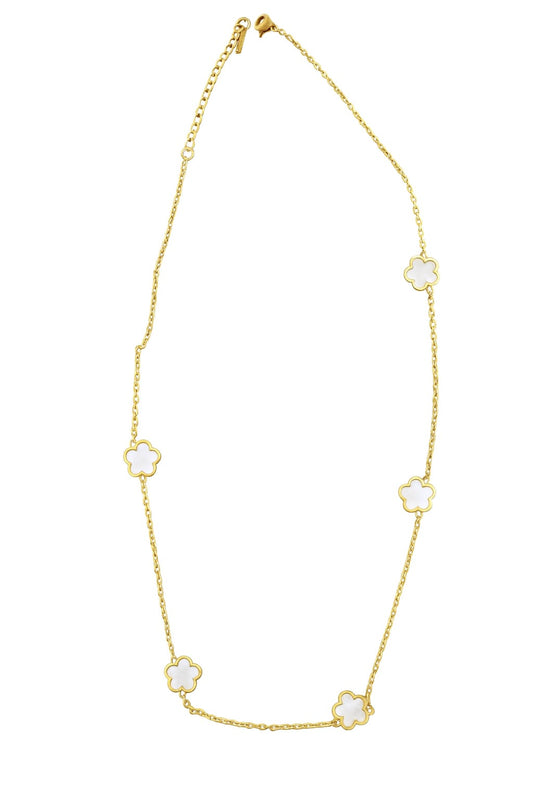 Stainless Steel Multi White Flower Charm Necklace – Gold