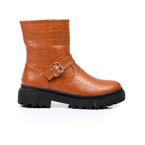 Faux Leather Chunky Buckle Boots – Tan