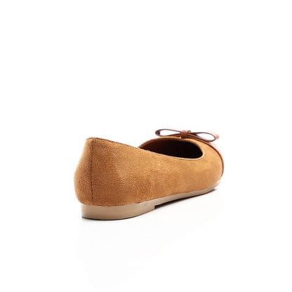 Suede Pointed Toe Flats with Bow Accent – Camel