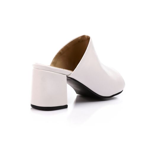 Faux Leather Peep-Toe Block Heel Mules - White