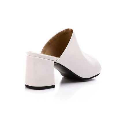 Faux Leather Peep-Toe Block Heel Mules - White