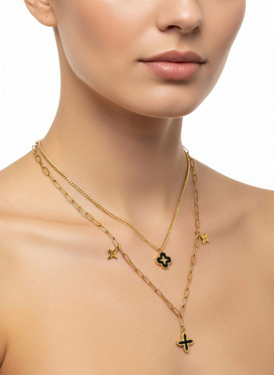 Stainless Steel Layered Clover & Star Pendant Necklace – Gold