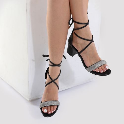 Faux Leather Block Heel Lace-Up Sandals - Black