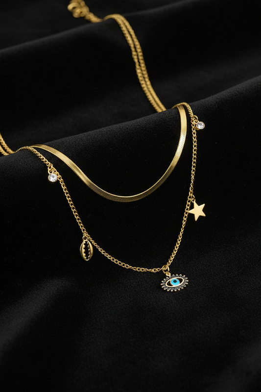 Stainless Steel Layered Necklace Charms – Gold