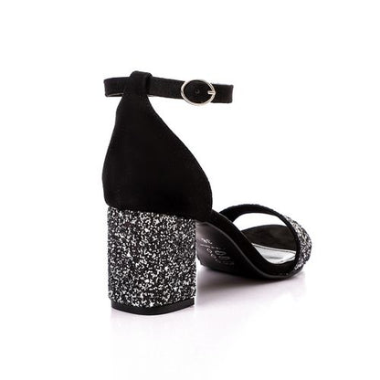 Faux Leather Ankle Strap Block Heel Sandals – Black