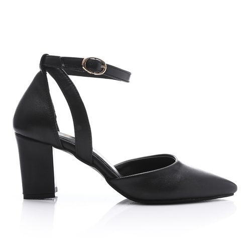 Faux Leather Pointed-Toe Block Heels - Black