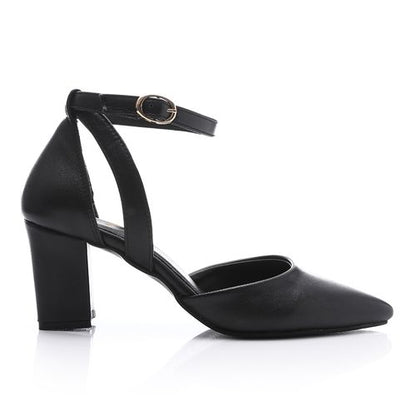 Faux Leather Pointed-Toe Block Heels - Black