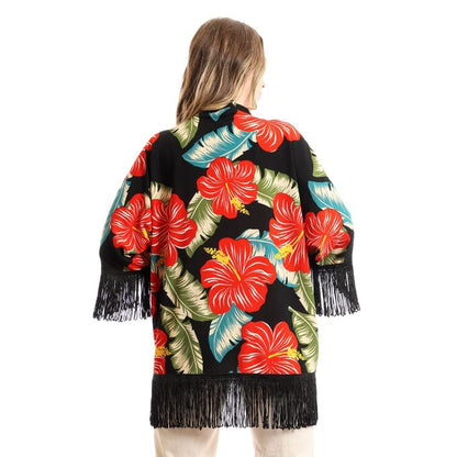 Floral Decorated Fringes Open Neckline Cardigan
