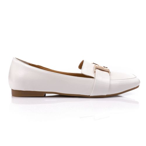 Faux Leather Croc Pattern Loafers – White