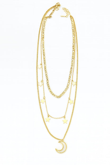 Stainless Steel Layered Crescent & Star Charm Necklace – Gold