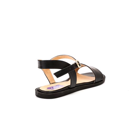 Faux Leather Flat Ankle Strap Sandals - Black