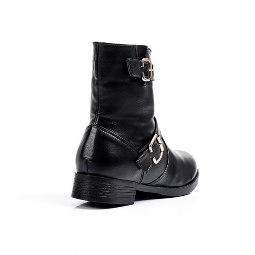 Leather Half-Length Buckle Strap Boots – Black