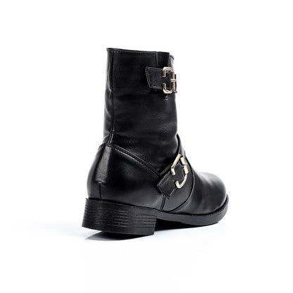 Leather Half-Length Buckle Strap Boots – Black
