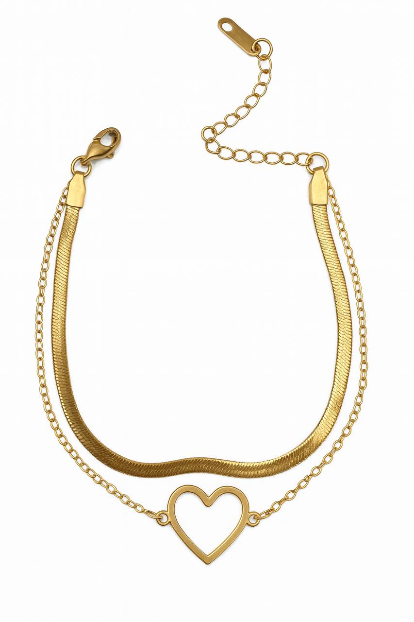 Stainless Steel Double Layer Open Heart Charm Bracelet – Gold