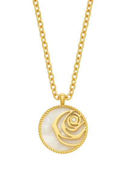 Stainless Steel Mother-of-Pearl Rose Pendant Necklace – Gold