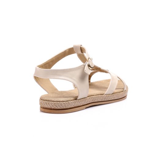 Beige Flat Sandals with Crisscross Straps & Ankle Strap