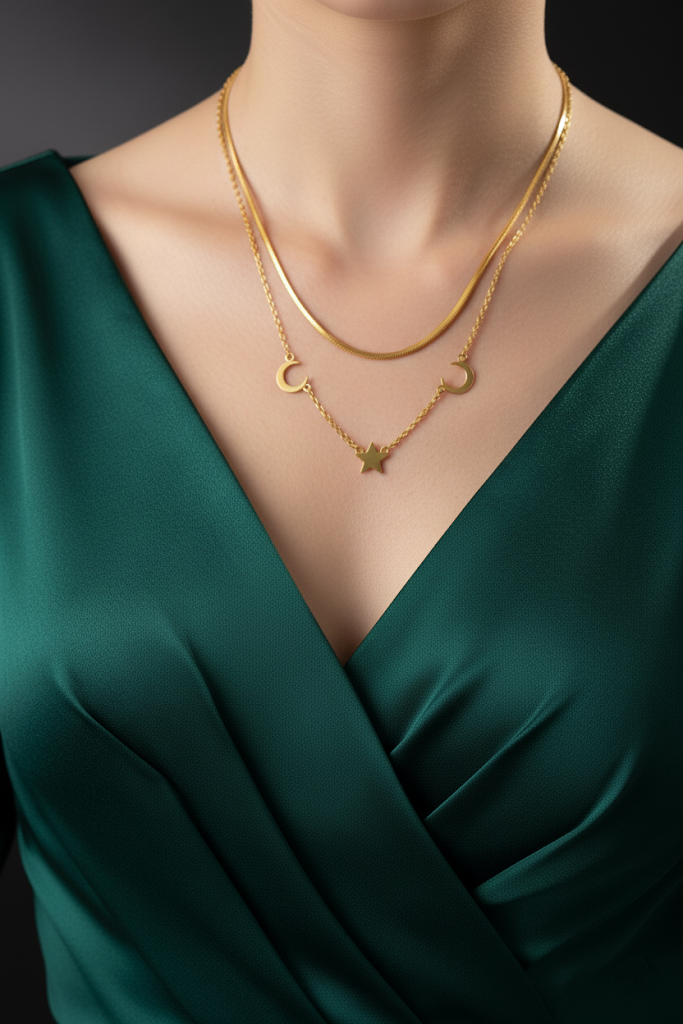 Stainless Steel Layered Crescent & Star Necklace – Gold