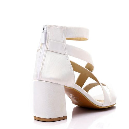 Satin Block Heel Sandals - White