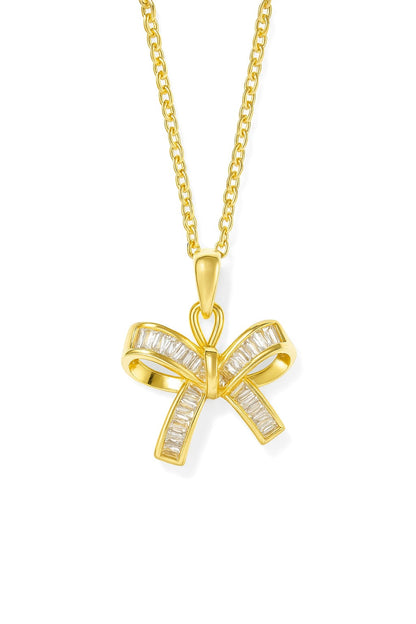Stainless Steel Crystal Bow Pendant Necklace – Gold