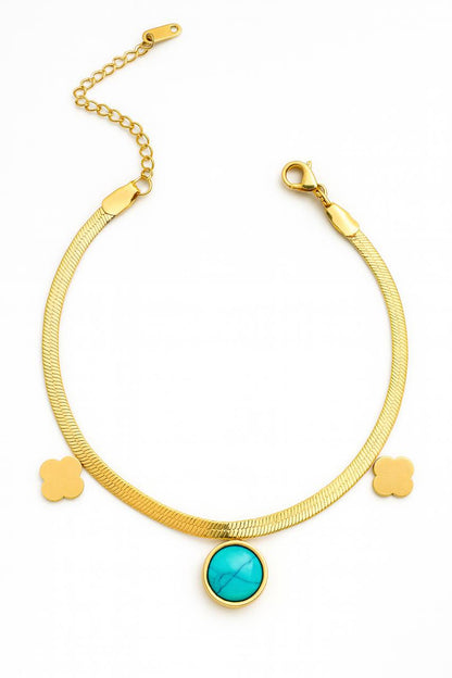 Stainless Steel Flat Chain Bracelet with Clover Charms & Turquoise Stone – Gold