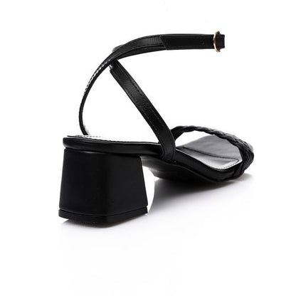 Faux Leather Braided Block Heel Sandal - Black