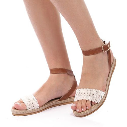 Faux Leather Crochet Strap Flat Sandals – Multicolor