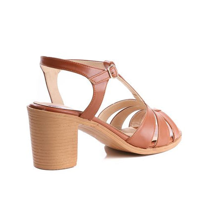Faux Leather Cross Strap Block Heel Sandals – Tan
