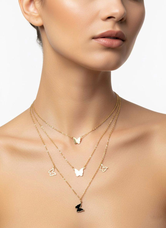 Stainless Steel Multi-Layered Butterfly Pendant Necklace – Gold