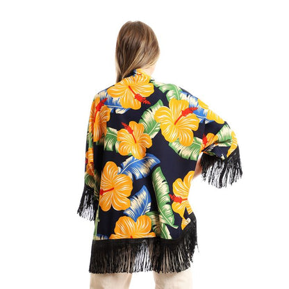 Floral Decorated Fringes Open Neckline Cardigan
