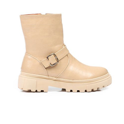 Faux Leather Chunky Buckle Boots – Beige