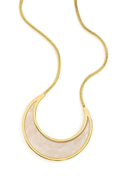 Stainless Steel Crescent Pendant Necklace with White Inlay – Gold